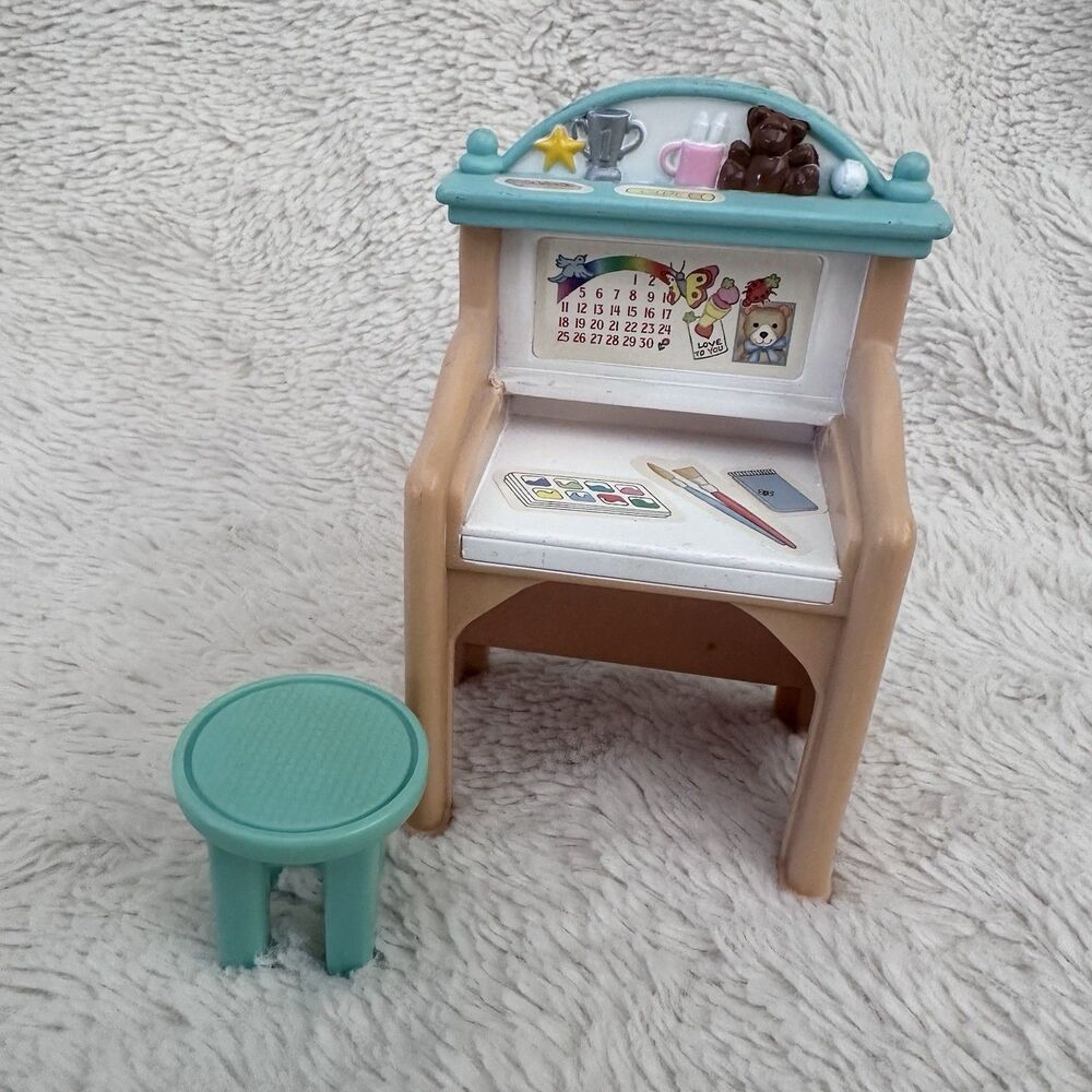 Fisher Price Loving Family Dollhouse Childs Art Desk With Teal Stool 1999